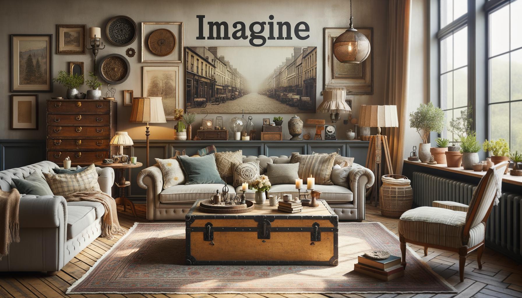 a cozy well-decorated living room with various items that look like they have been thrifted and upcycled.