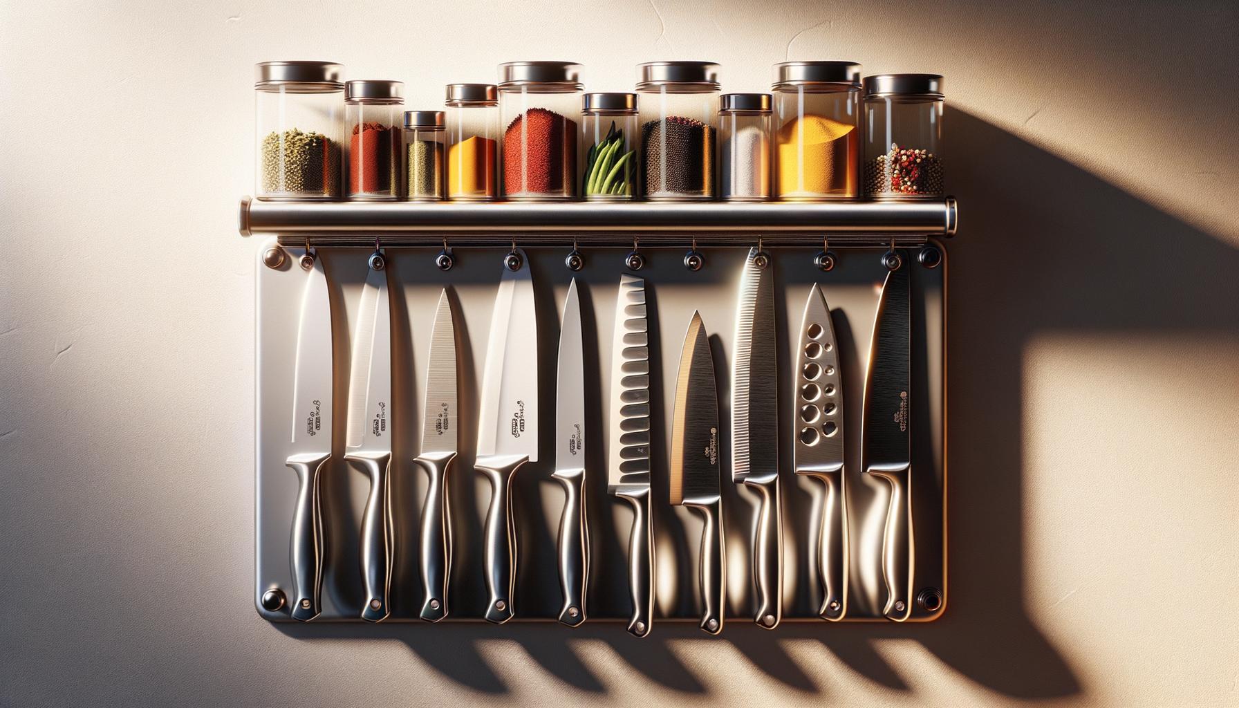 prompt: a magnetic strip on a kitchen wall holding knives and small metal spice containers