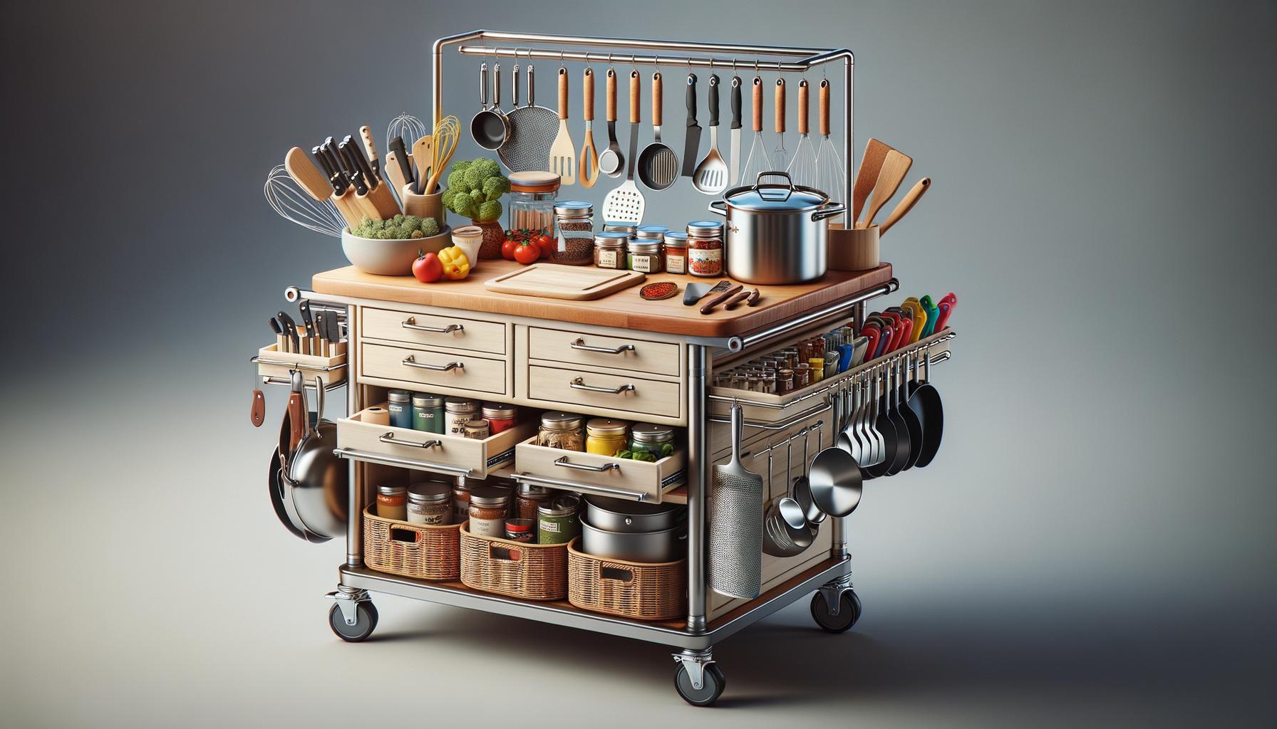 prompt: a stylish portable kitchen island filled with cooking supplies