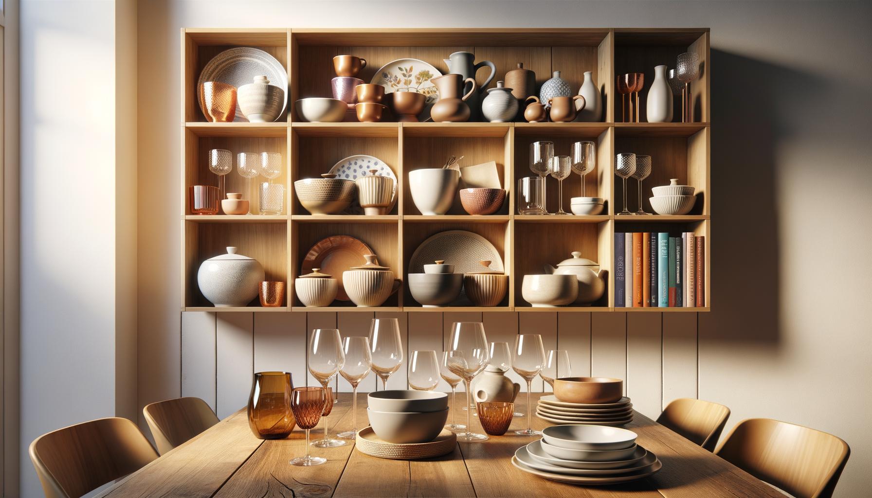 prompt: floating shelves in a kitchen displaying dishes, glasses, and cookbooks