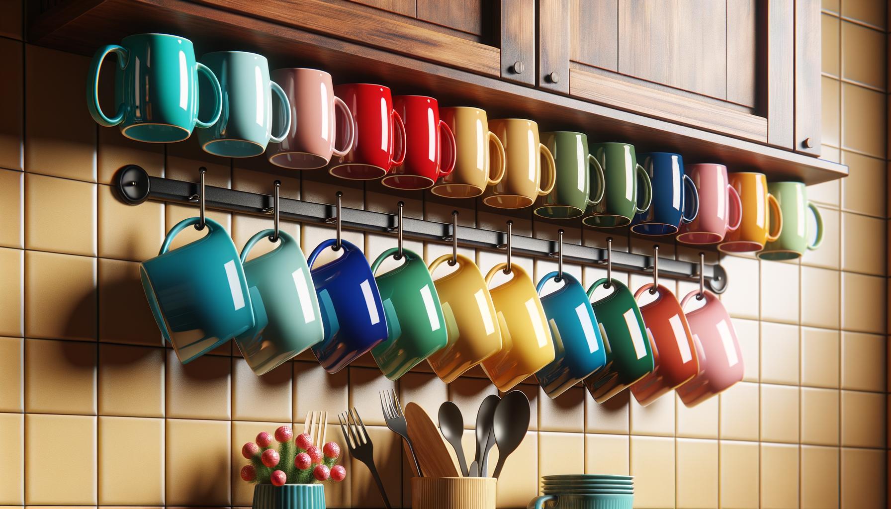 prompt: various colorful mugs hanging on hooks under a kitchen cabinet